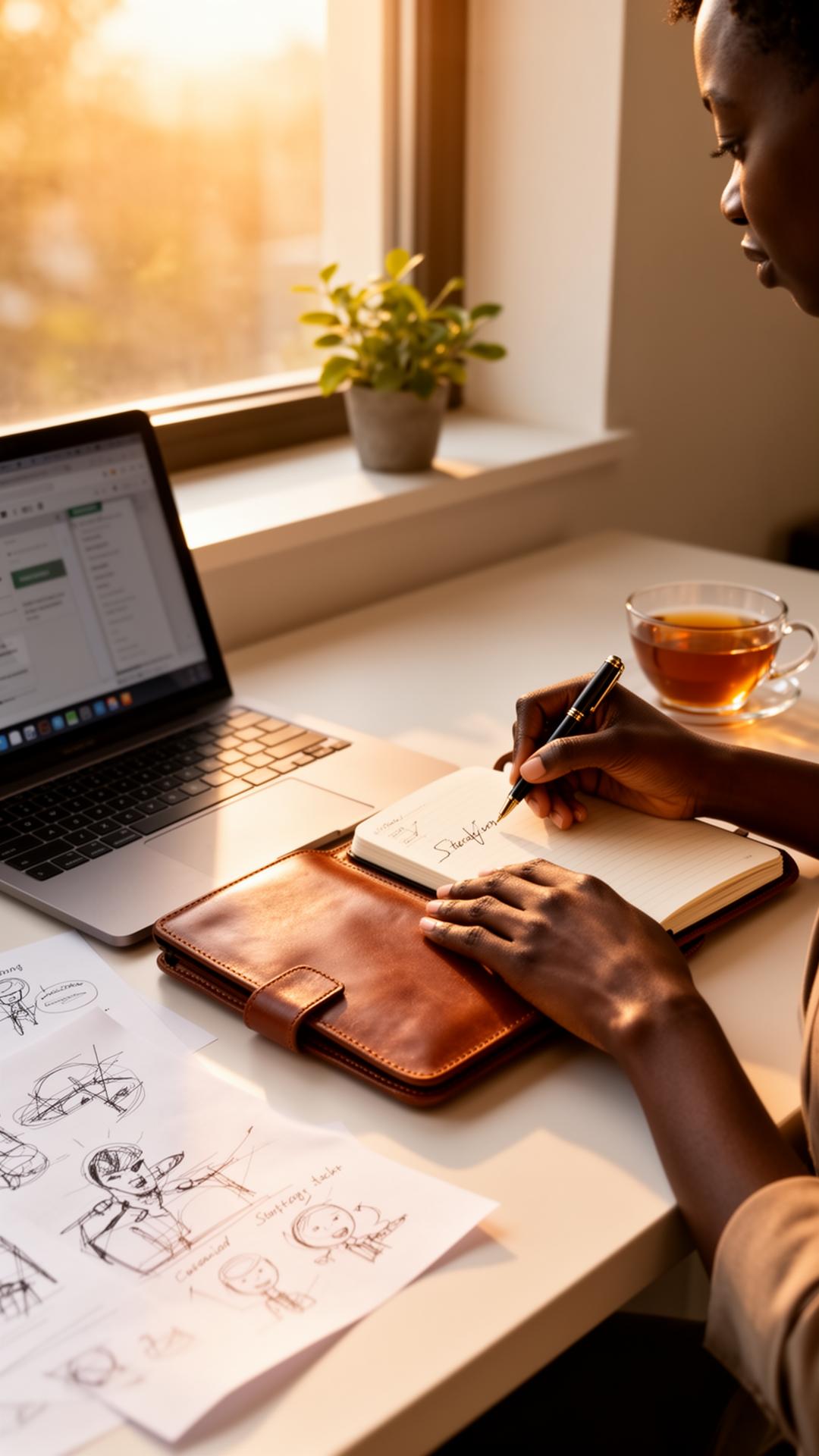 Hands writing strategy notes in a leather notebook beside a laptop, in warm window light
