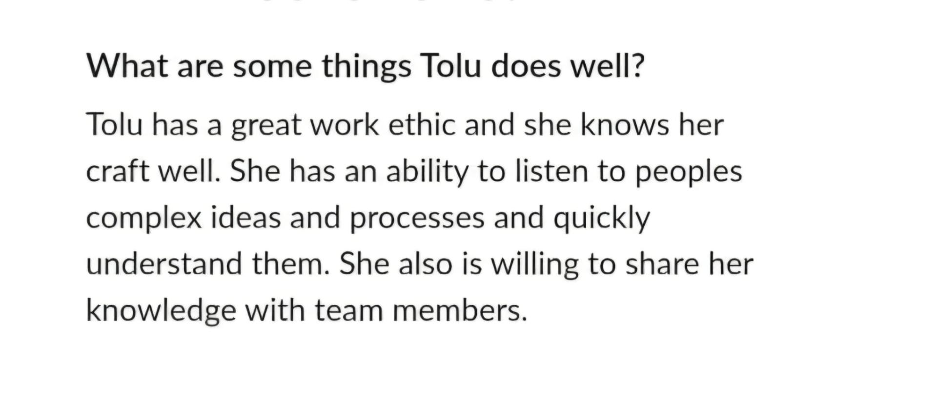 Client feedback on Tolu's work ethic and craft